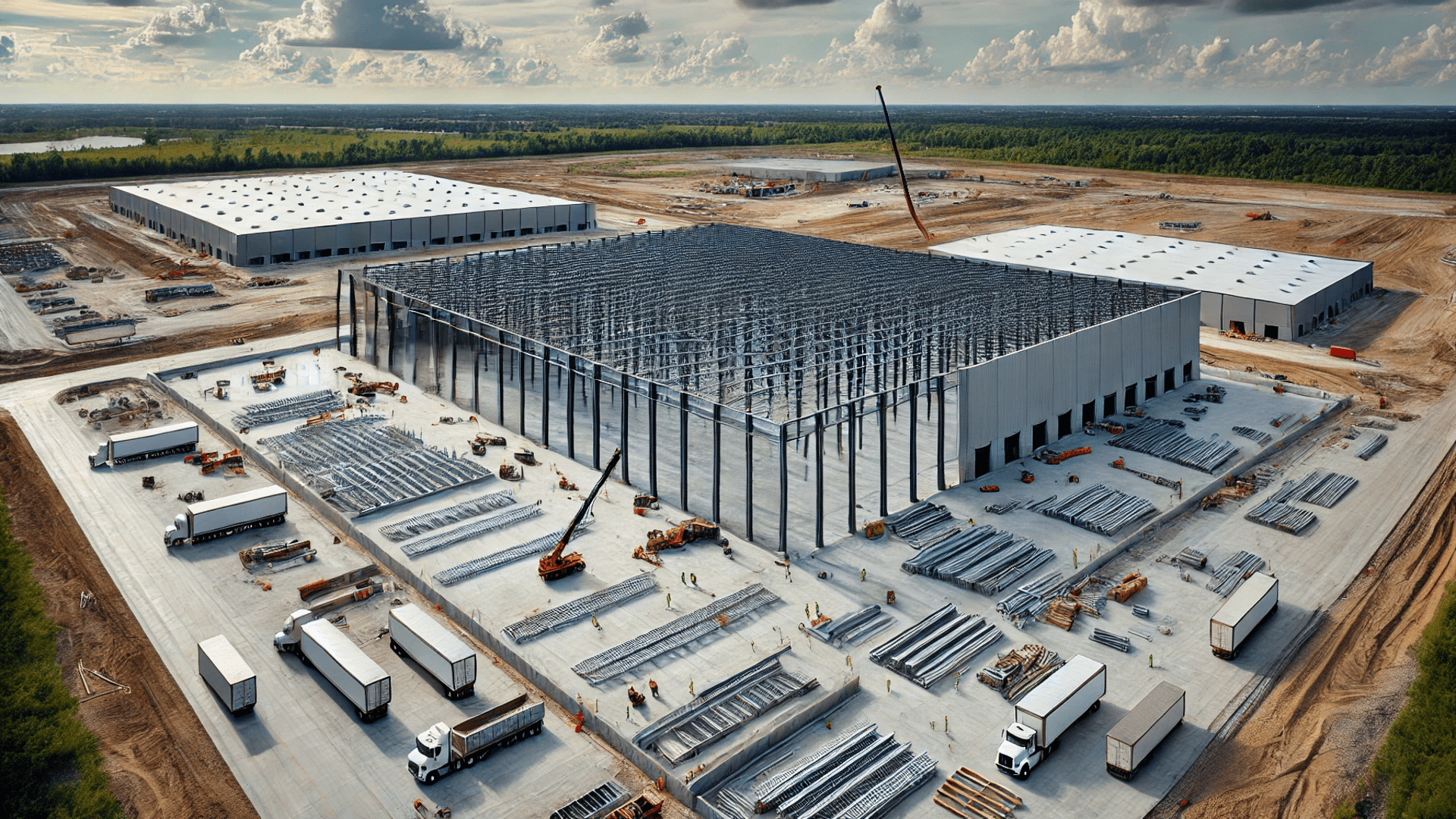 Um terreno plano e grande, onde está sendo construído um centro de distribuição no modelo Built to Suit em um platô que toma até 70% da área total do terreno com estruturas metálicas e de fechamento lateral em concreto pré moldado, possuindo portaria e um grande pátio de manobras para caminhões.